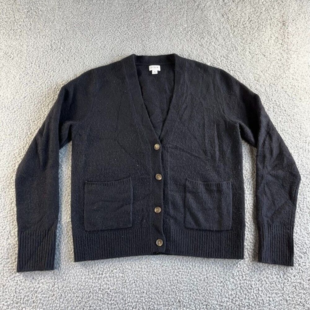 J. Crew Cardigan Sweater Womens Medium Black Wool Blend Stretch V Neck Soft Yarn